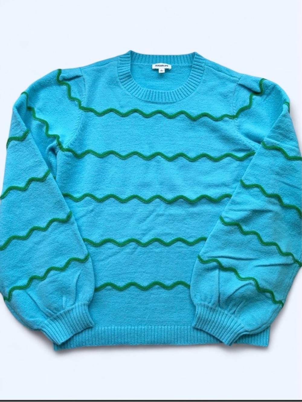 Sugarlips Turquoise Crewneck Sweater with Green Wave Trim - Men